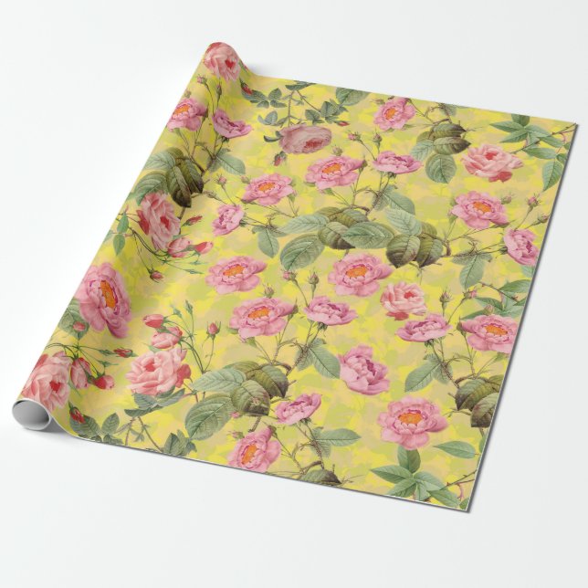 Papier Cadeau Blush Antique Redouté Roses sur motif jaune (Déroulé)