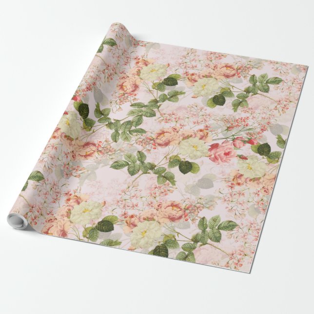Papier Cadeau Blush Antique Redouté Roses sur motif rose (Déroulé)