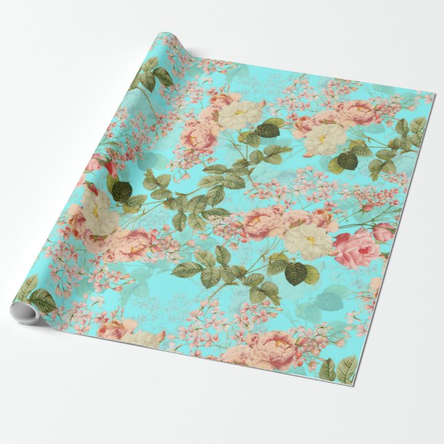 Papier Cadeau Blush Antique Redouté Roses sur motif turquoise (Déroulé)