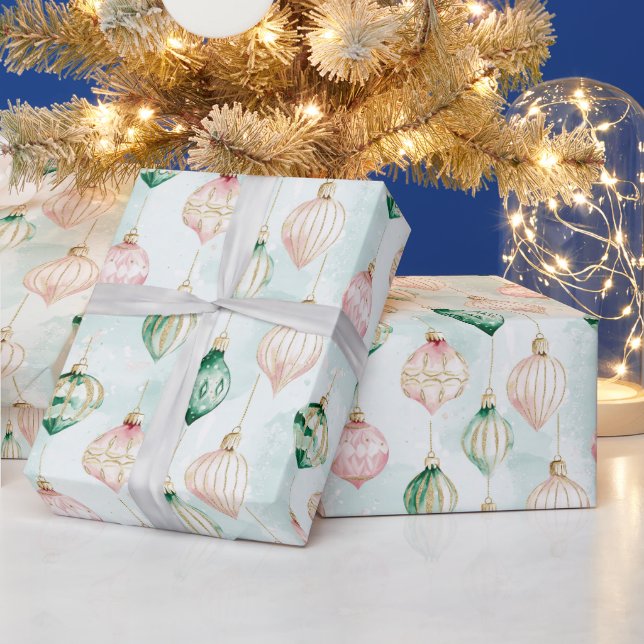Papier Cadeau Blush Pink Green Ornaments Christmas (Vacances)