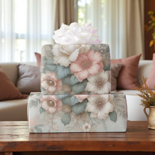 Papier Cadeau Blush Rose Pâle et Vert Sauge Boho Floral Chic Déc