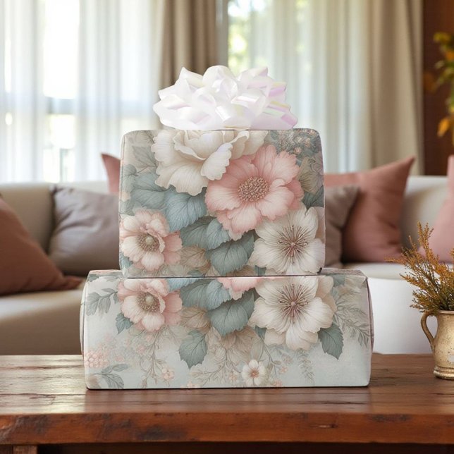 Papier Cadeau Blush Rose Pâle et Vert Sauge Boho Floral Chic Déc (Créateur téléchargé)