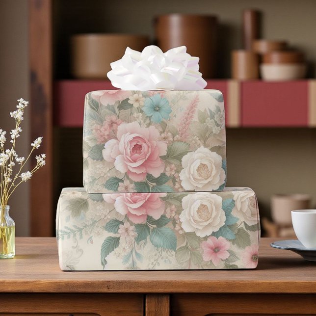 Papier Cadeau Blush Rose Pâle Vert Sauge Bohème Floral Chic Rétr (Créateur téléchargé)