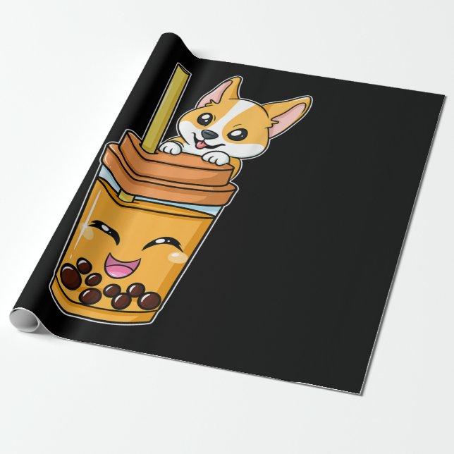 Papier Cadeau Boba Tapioca Perles Bubble Lait Thé Boire Corgi (Déroulé)
