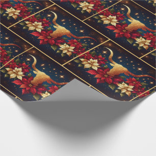 Papier Cadeau Bœuf Longhorn doré avec Poinsettias Noël