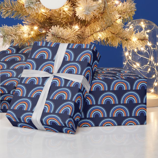 Papier Cadeau Boho arc-en-ciel orange et bleu marine (Vacances)