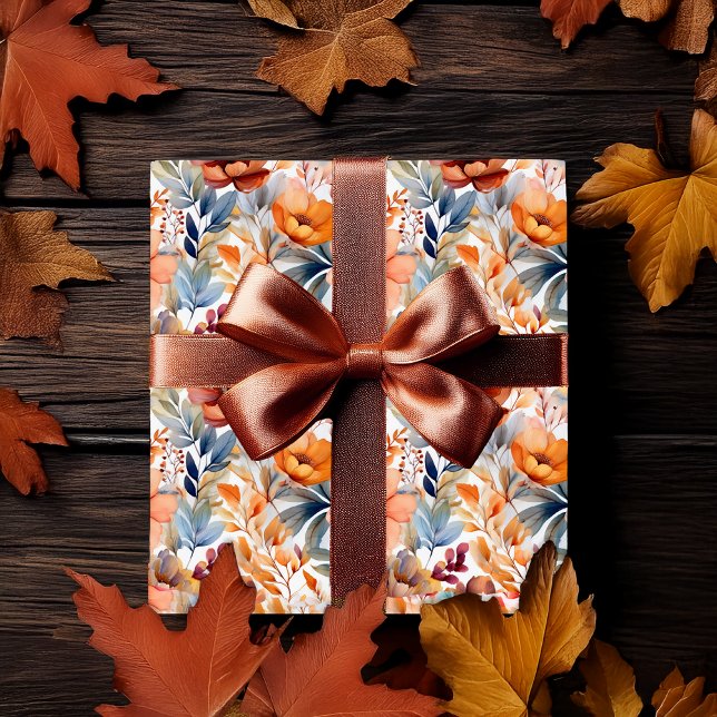 Papier Cadeau Boho Automne Floral Floroms Terracotta Apricot Ble (Boho Fall | Autumn Floral Pattern Wrapping Paper  - Terracotta, Apricot and Dusky Blue)
