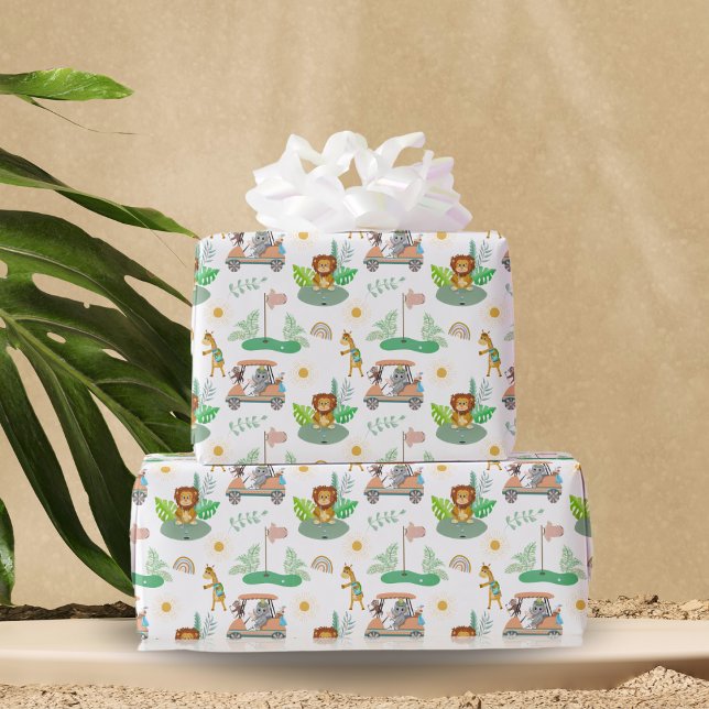 Papier Cadeau Boho Baby Elephant, Singe, Lion Golf Baby Motif (Boho-themed baby shower wrapping paper: Swing into wild and playful vibes!)