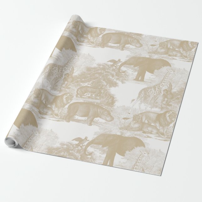 Papier Cadeau Boho Beige Jungle Animaux Safari Chinoiserie (Déroulé)