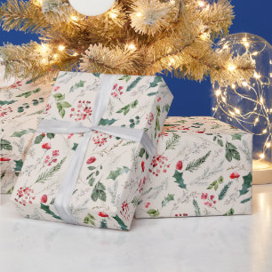 Papier Cadeau Boho Beige Noël Botanique Holly & Berries