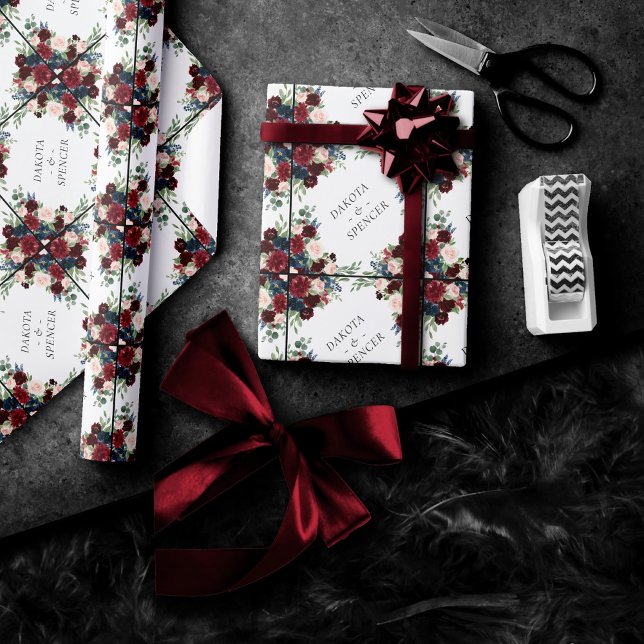 Papier Cadeau Boho Bloom | Burgundy Rouge et bleu marine Personn (Créateur téléchargé)