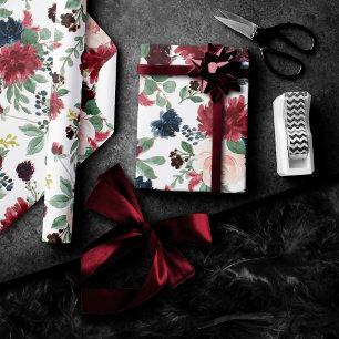 Papier Cadeau Boho Bloom   Motif bleu et rouge de la Bourgogne