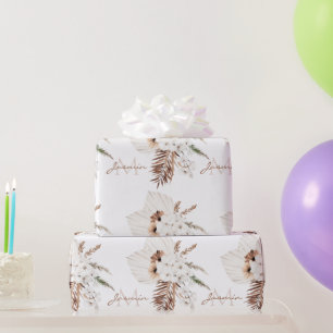 Papier Cadeau Boho Brun Herbe de Pampas Orchidées Blanches Monog