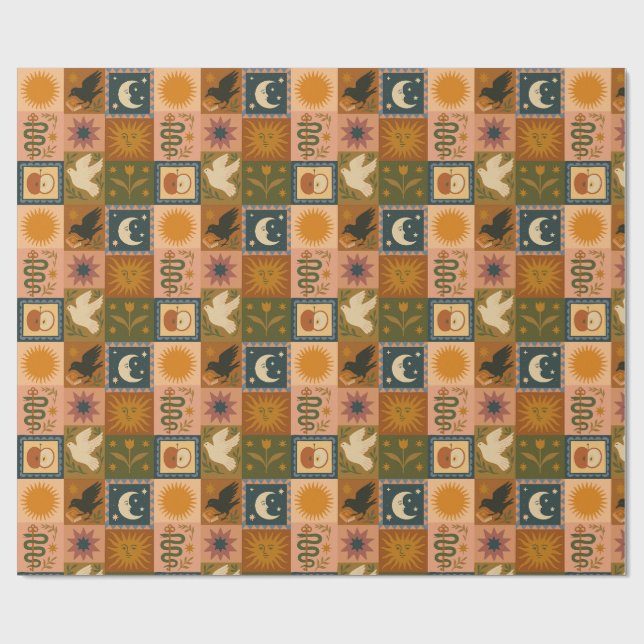 Papier Cadeau Boho Celestial | Soleil et lune rétro (Plat)