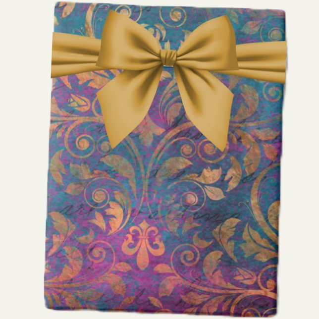 Papier Cadeau Boho damask élégant violet bleu or (Créateur téléchargé)