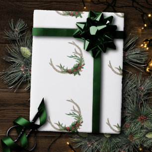 Papier Cadeau Boho Deer Antlers   Floral de Noël rouge rustique