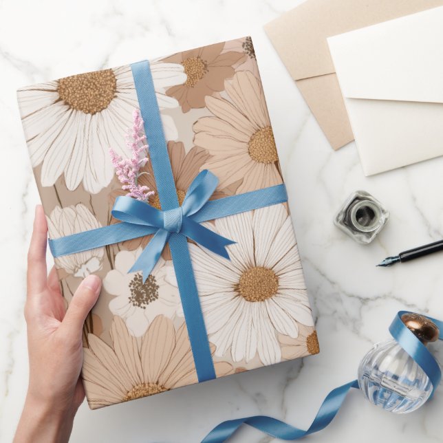 Papier Cadeau Boho Earth Tone Daisy Tan Floral Pattern (Cadeaux)