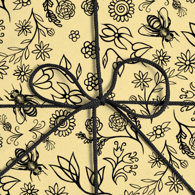 Papier Cadeau Boho Été Floral Miel Abeille Motif Jaune mignonne (Créateur téléchargé)
