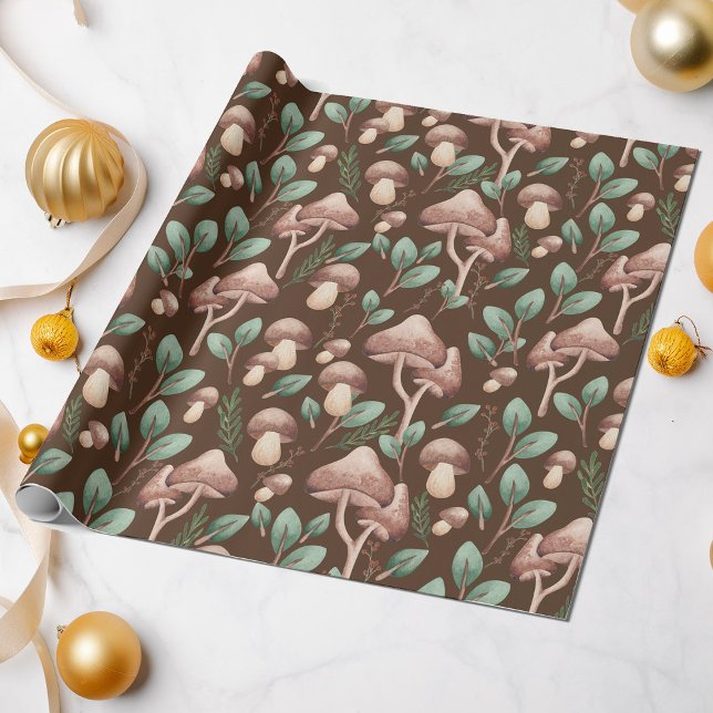 Papier Cadeau Boho Eucalyptus Forêt Champignons Brown foncé (Créateur téléchargé)