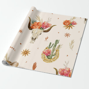 Papier Cadeau Boho Floral Rustique Crâne de Vache et Occidental