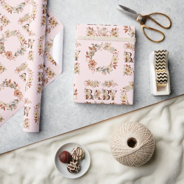 Papier Cadeau Boho Floral Wreath Aquarelle rose bébé cadeau (Artisanat)