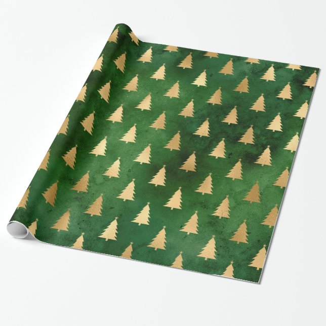 Papier Cadeau Boho Green Gold Trees Noël (Déroulé)