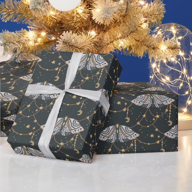 Papier Cadeau Boho Grey Céleste Moth Motif (Vacances)