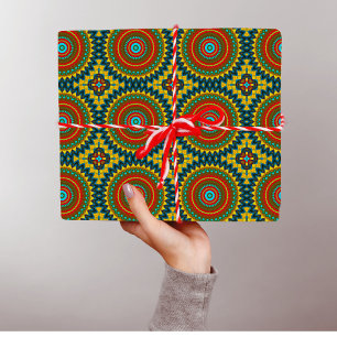 Papier Cadeau Boho Hippie Rouge Jaune Bleu Vintage Tribal Ethnie