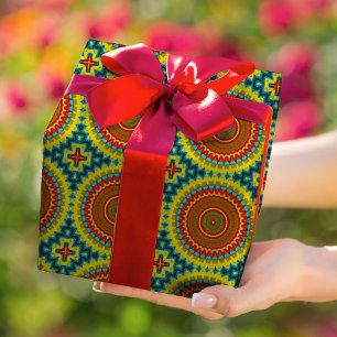 Papier Cadeau Boho Hippie Rouge Jaune Bleu Vintage Tribal Ethnie