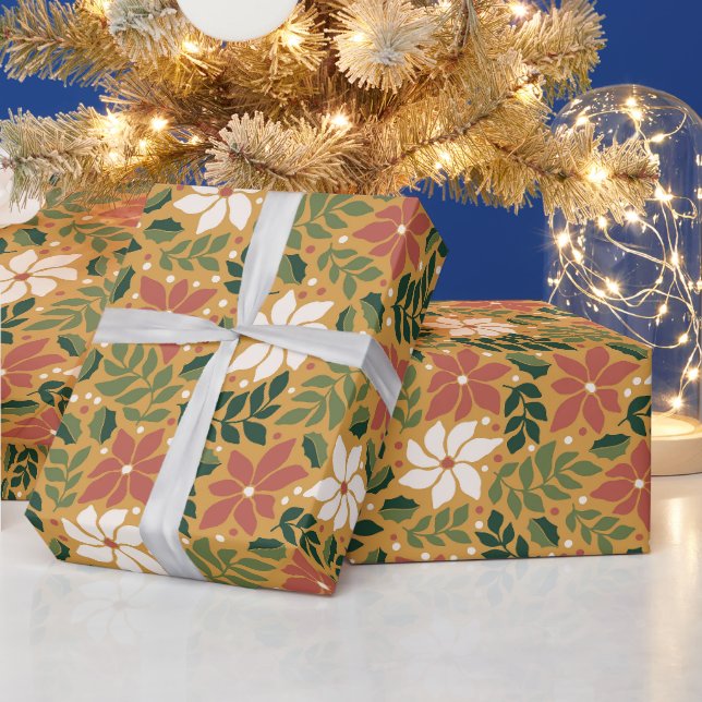 Papier Cadeau Boho jaune vert rouge floral Noël vacances  (Vacances)