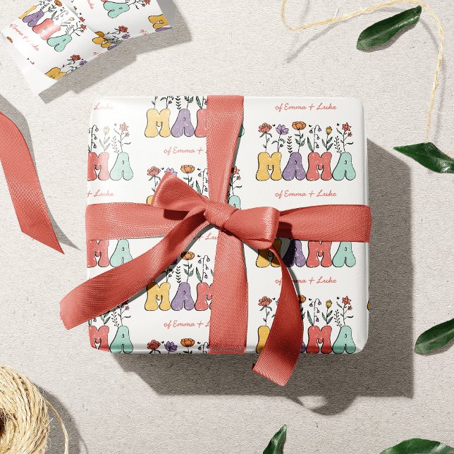 Papier Cadeau Boho Mama Texte avec Fleurs et Noms d'Enfants Moti (Créateur téléchargé)