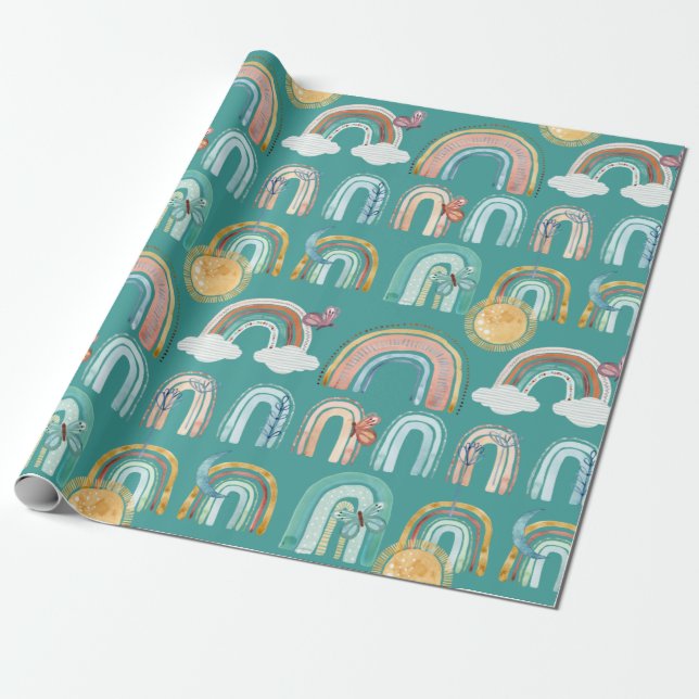 Papier Cadeau Boho moderne Arc-en-ciel Turquoise Terracotta mout (Déroulé)