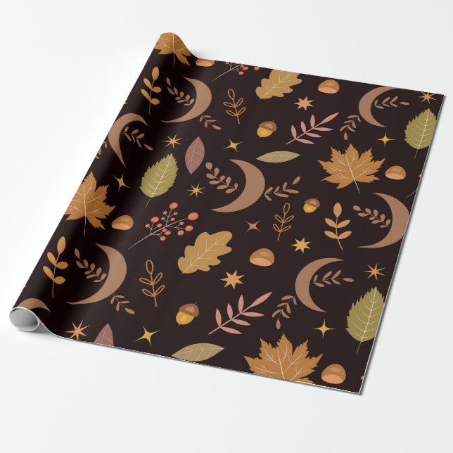 Papier Cadeau Boho Moon avec feuilles d'automne Motif (Déroulé)