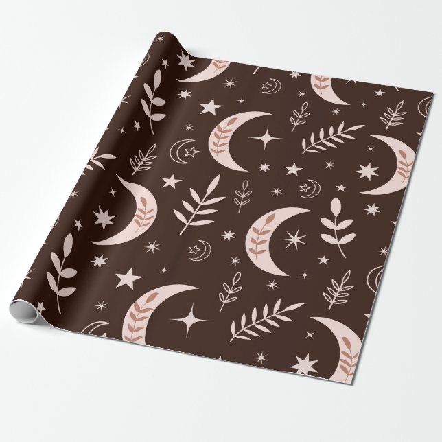 Papier Cadeau Boho Moon avec Feuilles et étoiles Brown (Déroulé)
