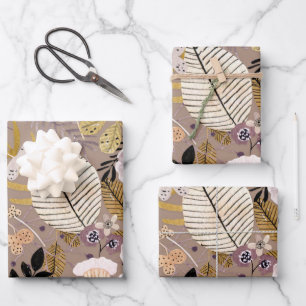 Papier Cadeau Boho Noir Blanc Or Pêche Dessin de Ligne Feuille F