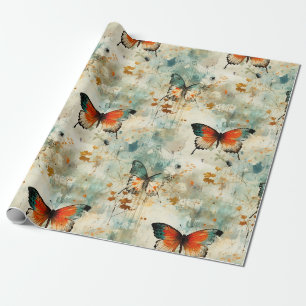 Papier Cadeau Boho Orange Teal Papillon Fleur Sauvage Peint