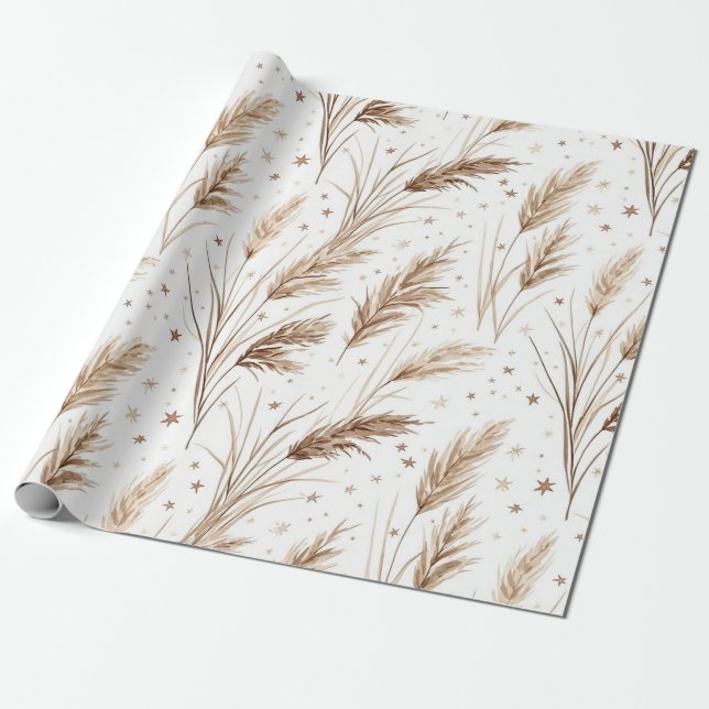 Papier Cadeau Boho Pampas Grass Beige Brown Star Pattern (1) (Déroulé)