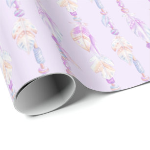 Papier Cadeau Boho plumes perles d'aquarelle violette envelopper