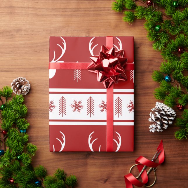 Papier Cadeau Boho Red White Reindeen Snowflake Noël (Cadeau de vacances)