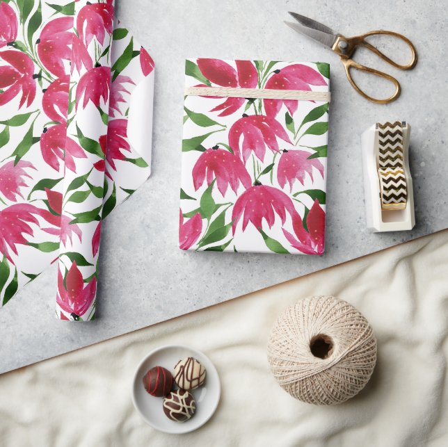 Papier Cadeau Boho rose aquarelle florale (Artisanat)