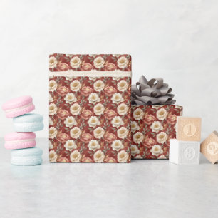 Papier Cadeau Boho rose et floral ivoire sur marron taché