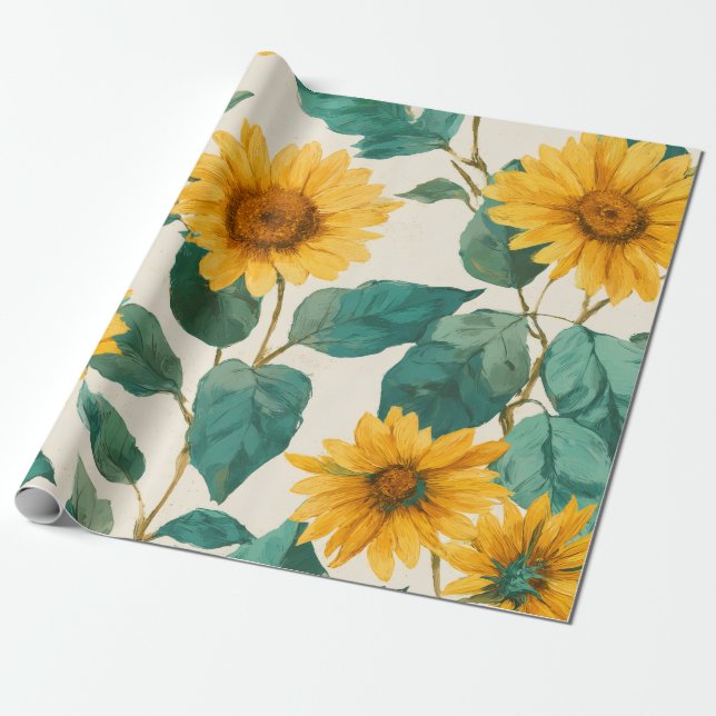 Papier Cadeau Boho Sunflower Yellow Floral Pattern Spring Summer (Déroulé)