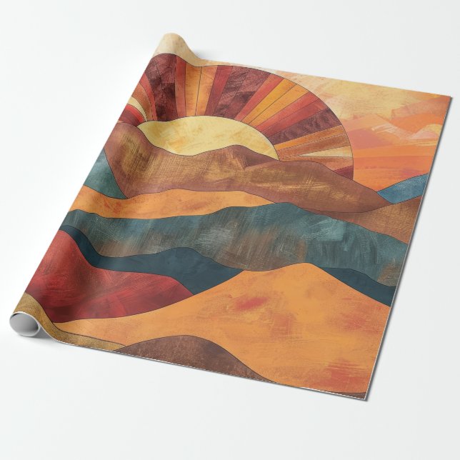Papier Cadeau Boho Sunset Over Mountains - Paysage Rétro (Déroulé)