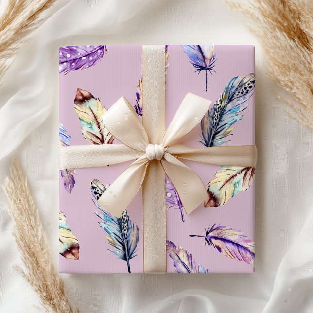 Papier Cadeau Boho violet bleu rose plumes (Créateur téléchargé)