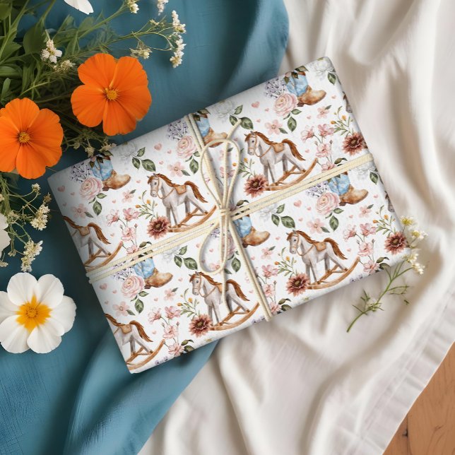 Papier Cadeau Boho Western Floral Rocse Horse Baby shower garçon (Boho Western Floral Rocking Horse Boy Baby Shower Wrapping Paper)