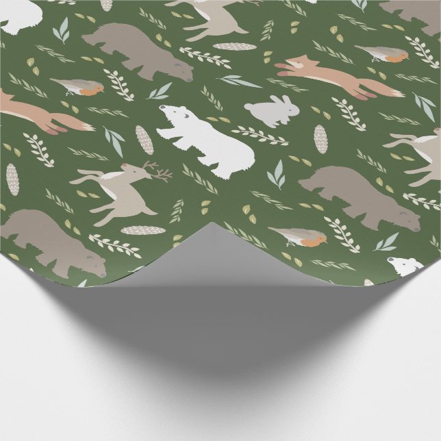 Papier Cadeau Bois Animaux et feuilles Motif Forêt verte (Coin)