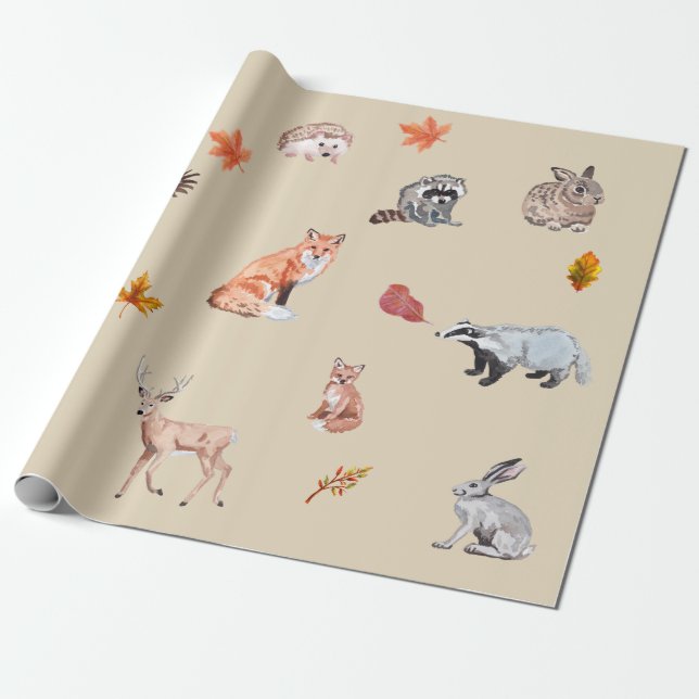 Papier Cadeau Bois Aquarelle Animal Forêt Renard Deer Rabin (Déroulé)