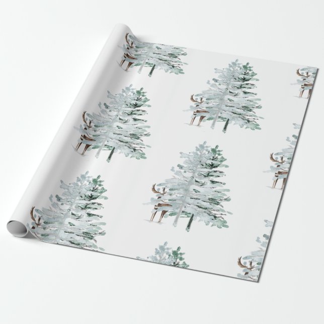 Papier Cadeau Bois d'hiver Arbres et Cerfs (Déroulé)