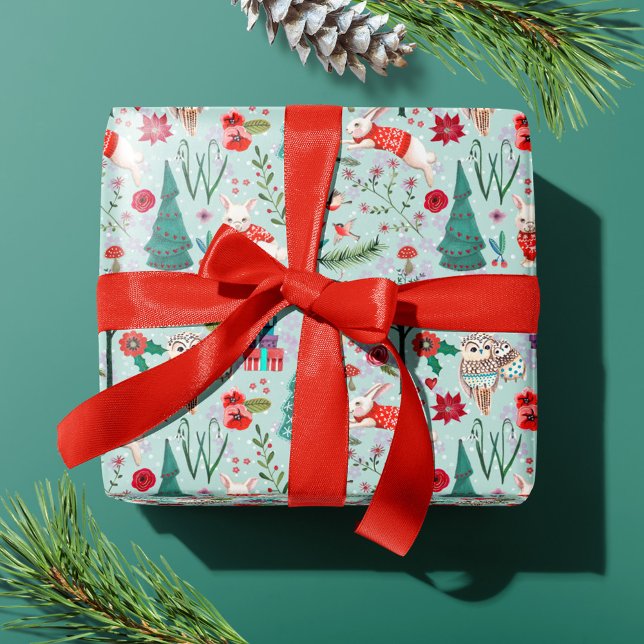 Papier Cadeau Bois d'hiver Bleu et rouge Animaux motifs de forêt (Cute woodland animals and Penguins Christmas Holiday wrapping paper.)