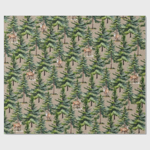 Papier Cadeau Bois d'hiver Fir Tree Forest Stade Deer Kraft